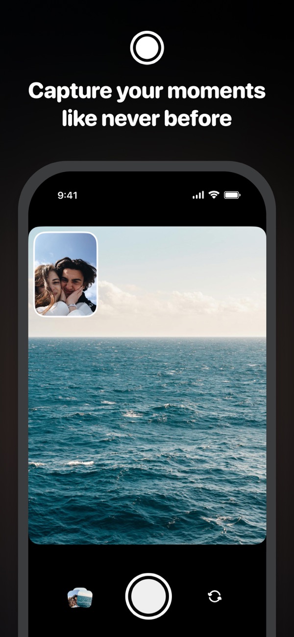 Selfie 双镜相机的双摄取景界面，带画中画小窗